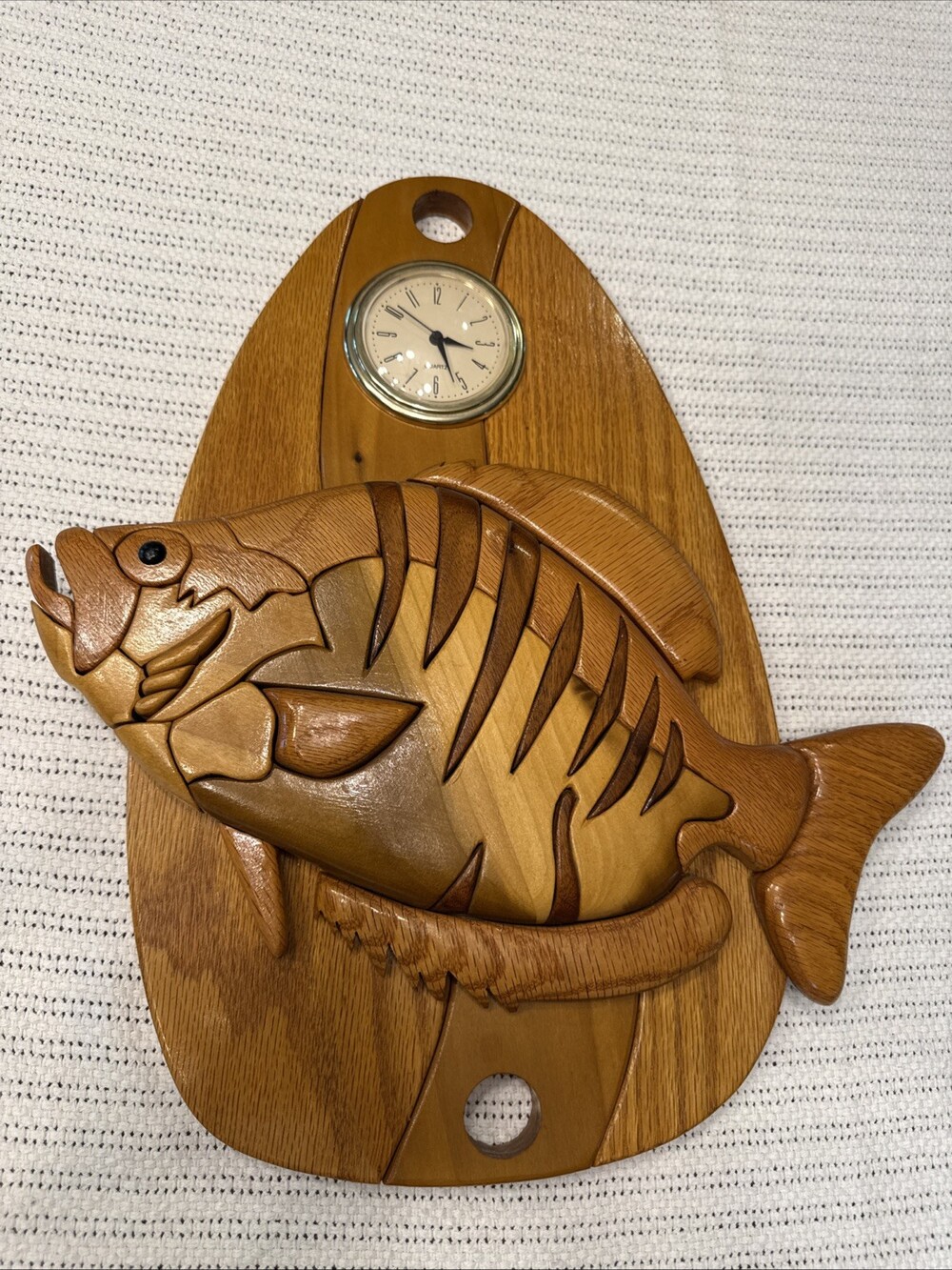 Vintage 3-D Intarsia Wood Fish Wall Clock Handmade Makers Mark Quartz